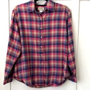 L.L. Bean Colorful Plaid Button Down Flannel Collared Shirt Size Girls 18
